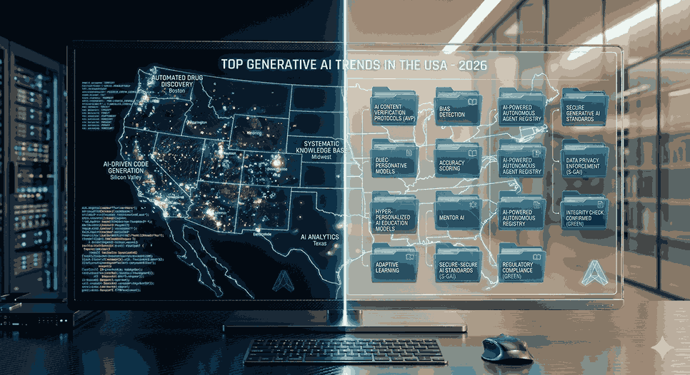 A futuristic digital map of America glowing with data nodes, representing the top generative ai trends in the usa for 2026.