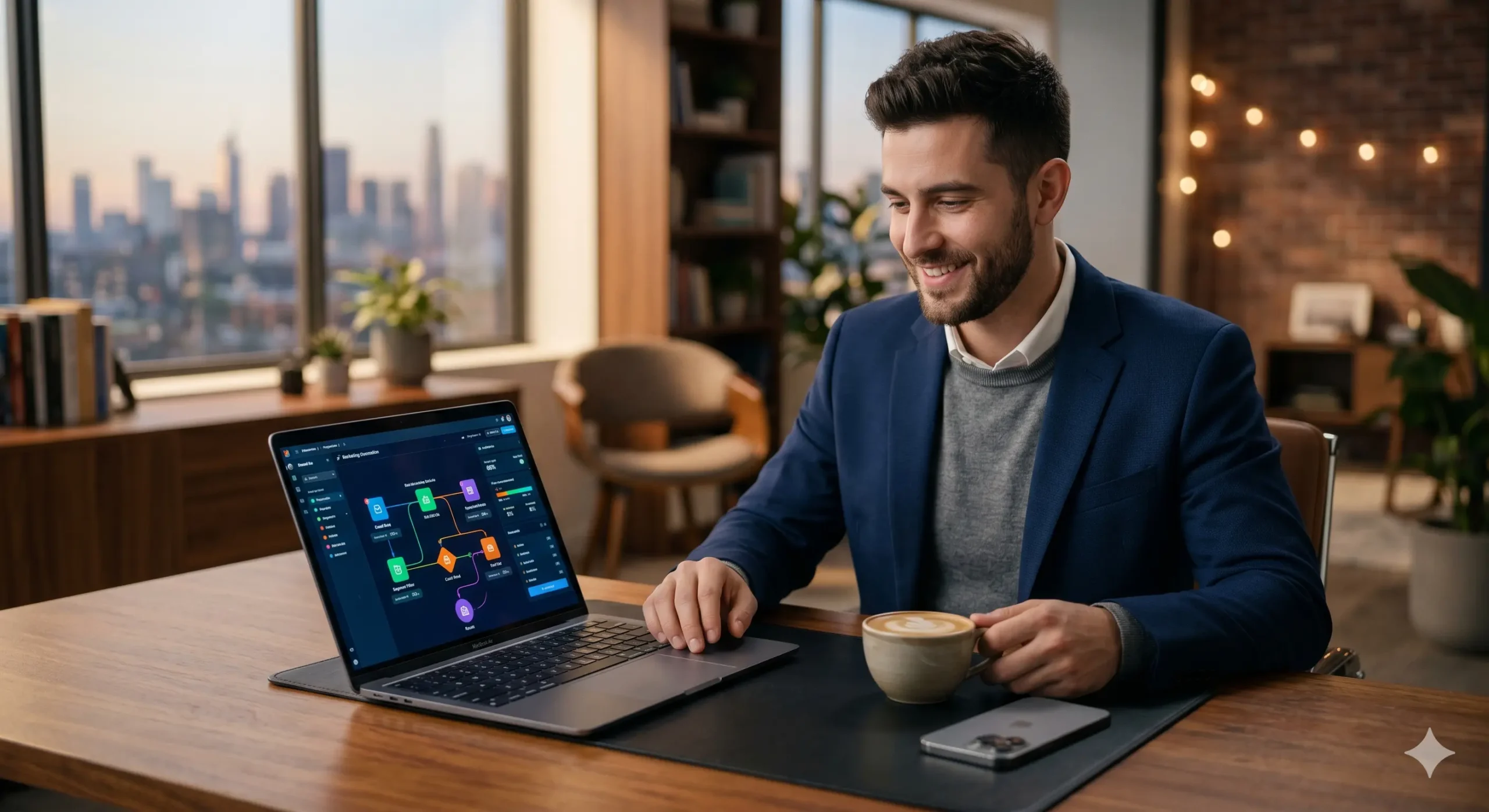 A digital marketing specialist smiling at a laptop while learning how to use generative ai for content creation.