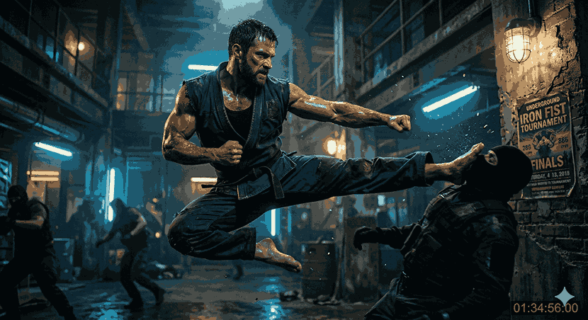 A retro cinematic shot of jean claude van dam performing his iconic split kick in a dimly lit martial arts arena.