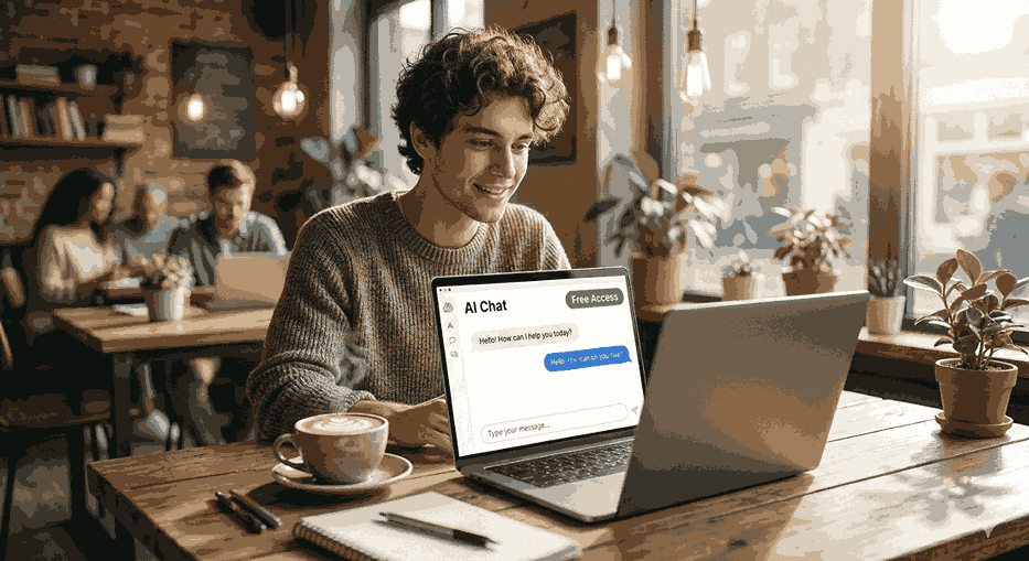 A freelance worker smiling at a laptop screen while successfully learning how to use chatgpt gratuit online without a subscription.