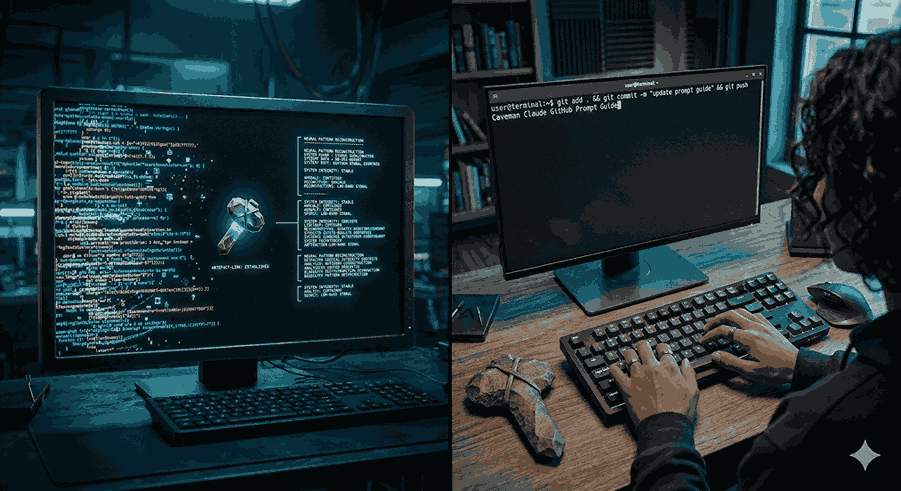 A split screen showing a developer typing the caveman claude github prompt guide into a dark mode terminal.