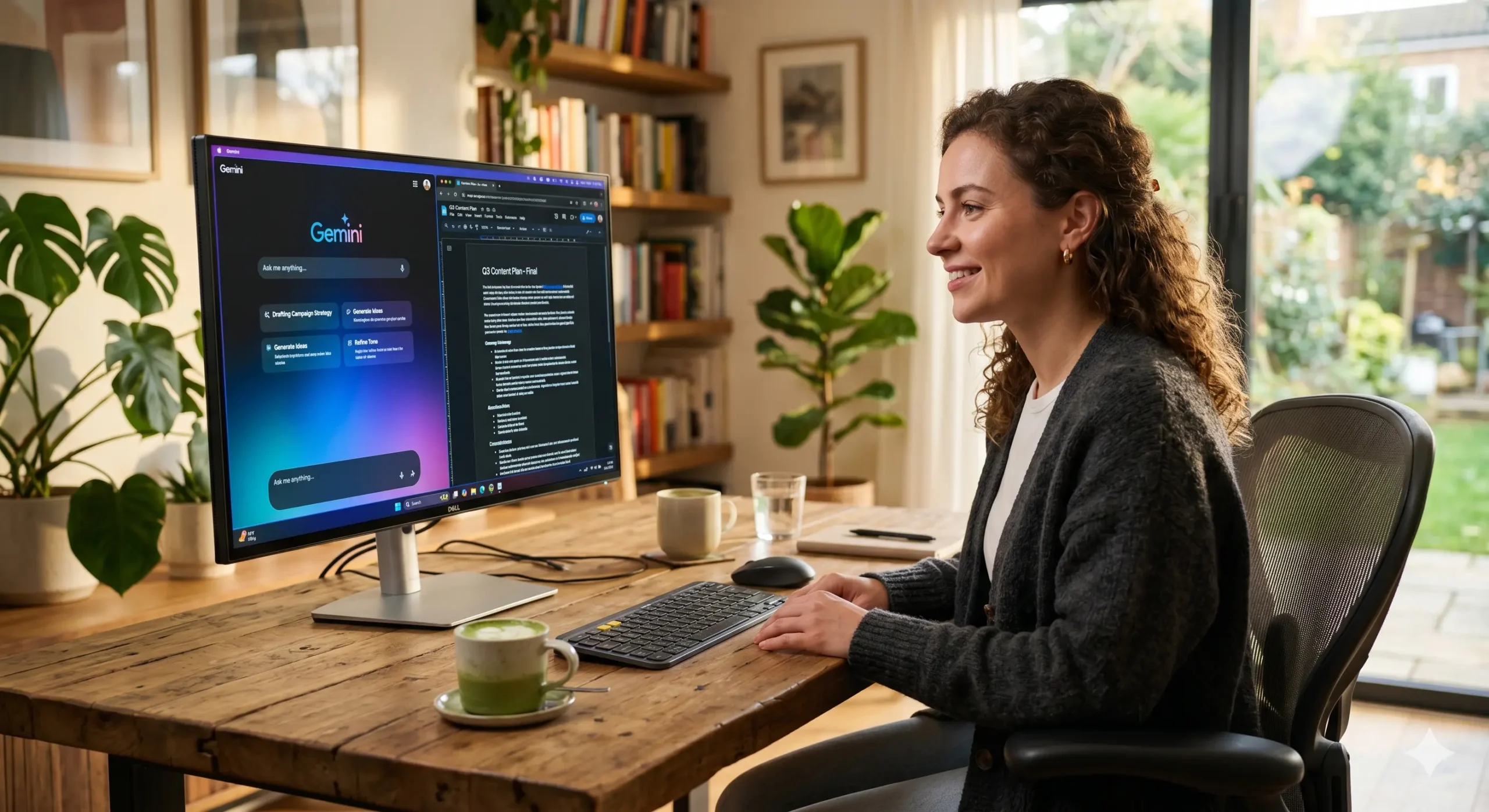 A freelance writer happily discovering the best free claude ai alternatives using google tools on a dual-monitor setup.